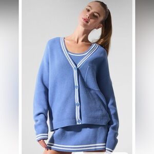 NWOT Alo Yoga Tennis Club Sweater Knit Cardigan in crystal clear blue and white